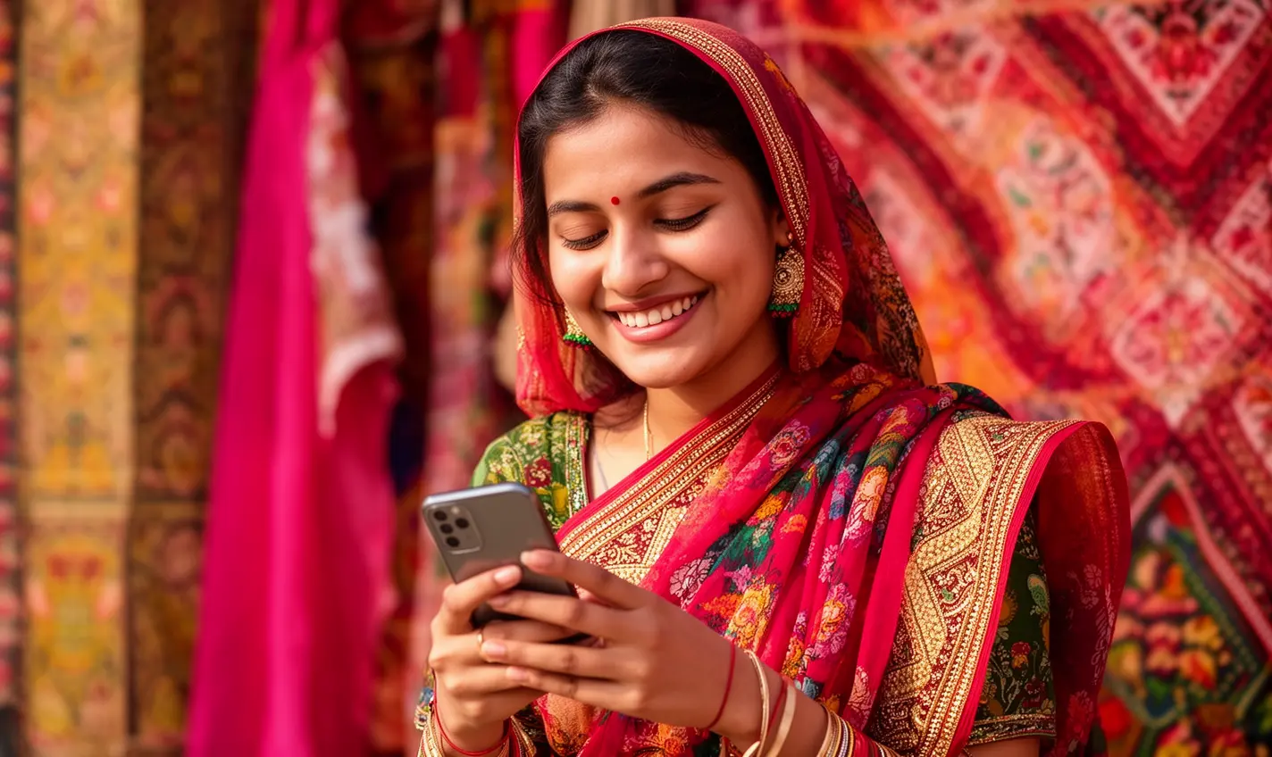 Smiling Bangladeshi woman in traditional attire holding her phone while using the BH333 casino app with colorful game visuals behind her