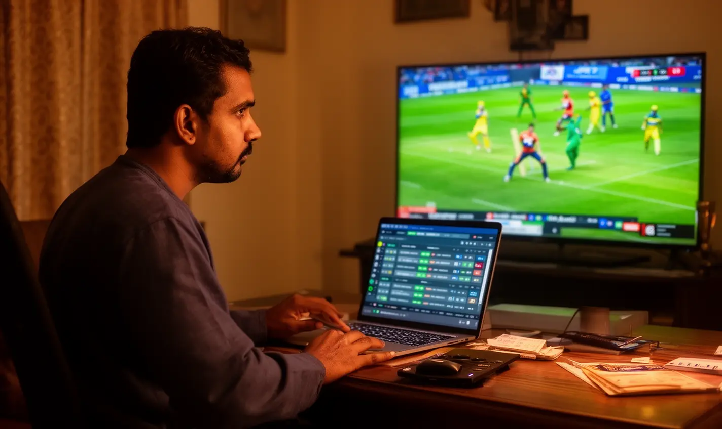 Focused Bangladeshi player placing sports bets on a laptop through BH333 while watching a live cricket match on TV at home