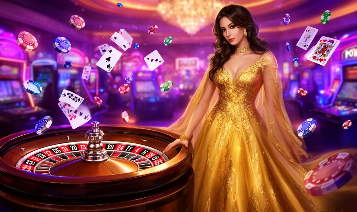 Elegant woman in a golden gown near a roulette wheel with floating chips and cards representing luxury casino bonuses at BH333 in Bangladesh