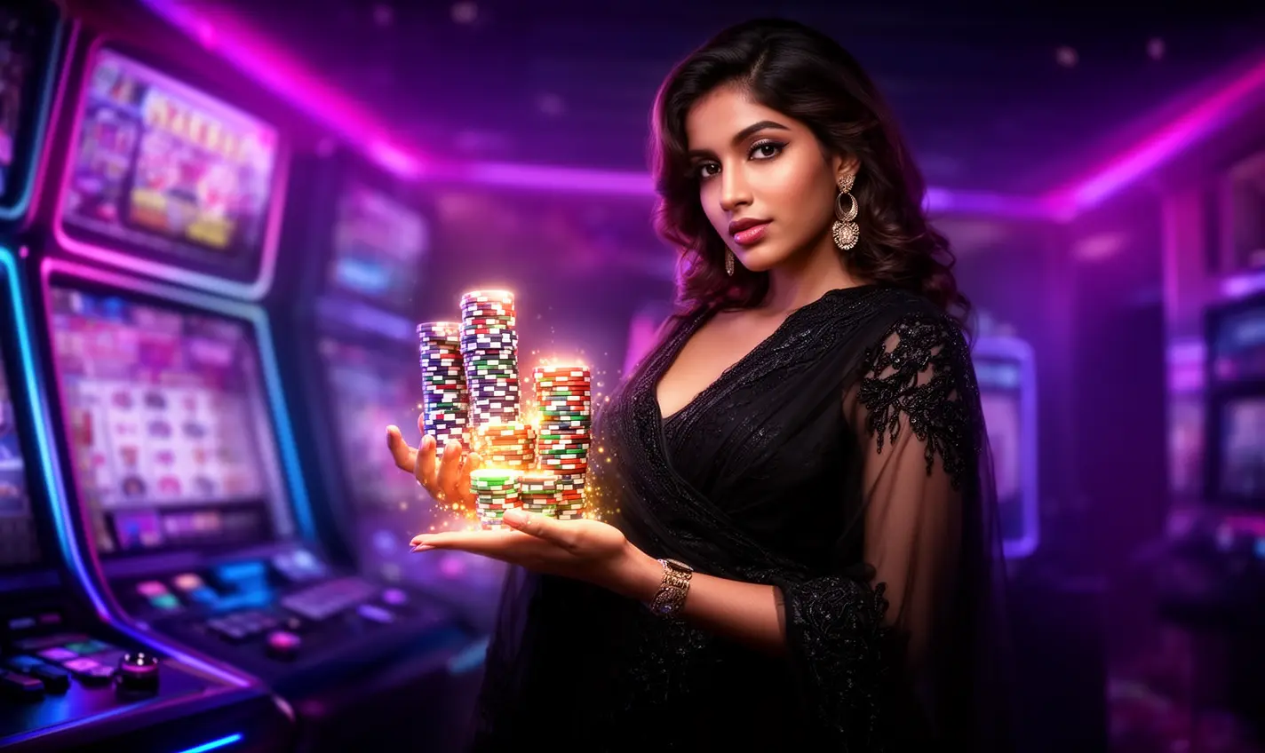 Confident casino player holding colorful chips in a neon lit gaming environment representing the premium online casino experience at BH333 for Bangladesh