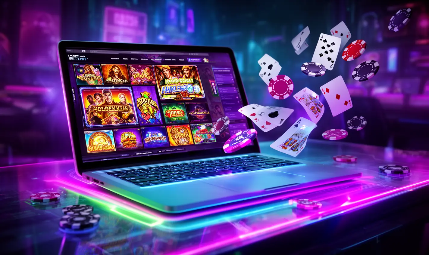 Futuristic casino scene with flying poker chips and cards over a laptop showing online games representing the dynamic gameplay experience on BH333