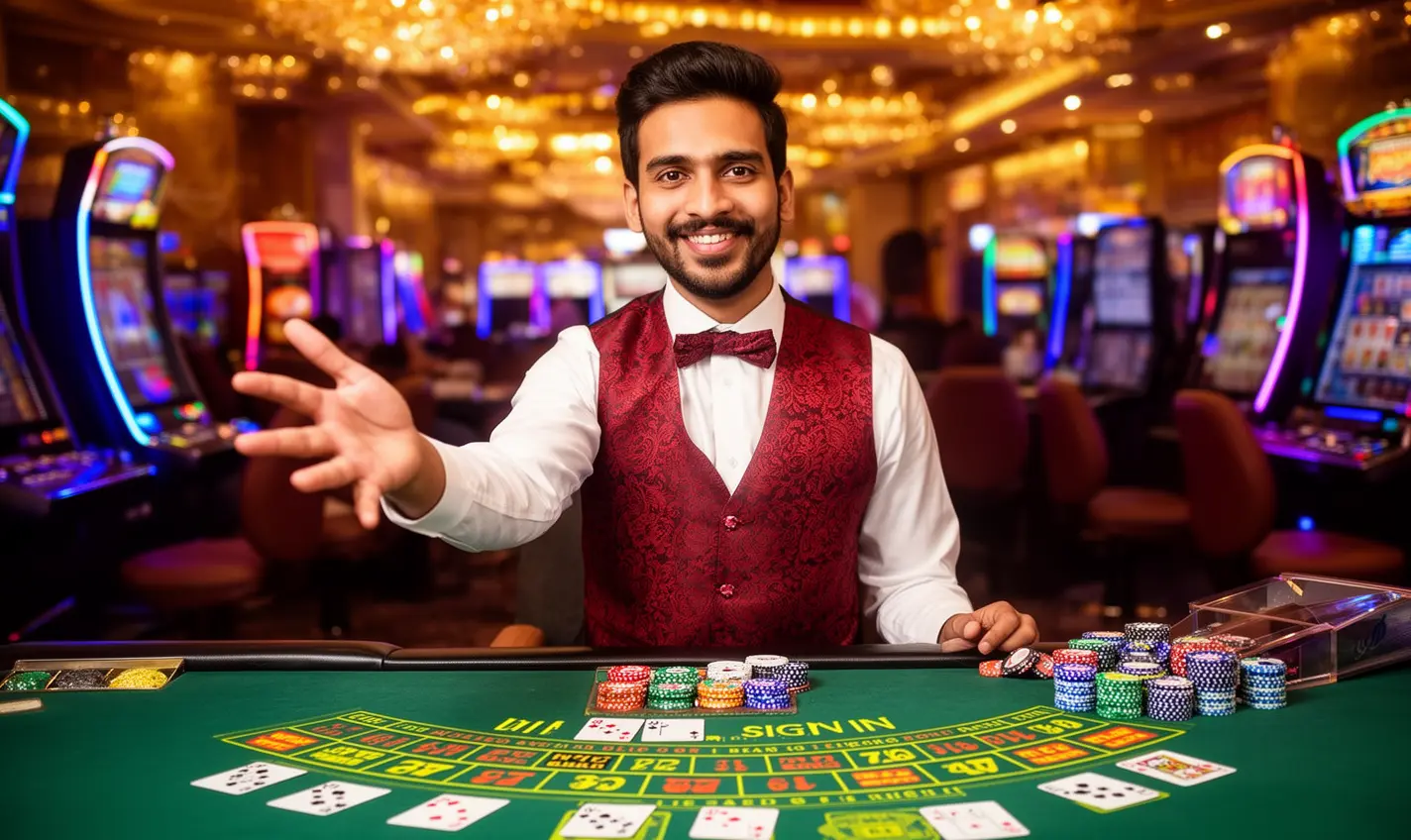 Professional Bangladeshi casino dealer standing at a gaming table with cards and chips, inviting users to sign in to BH333 in a secure environment