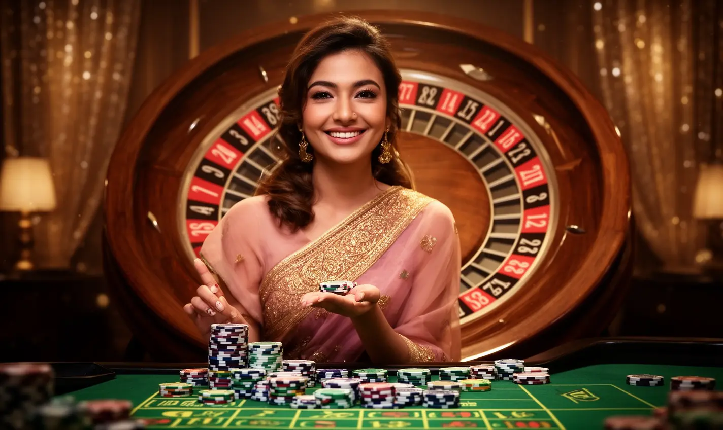 Beautiful casino woman smiling with poker chips in hand and a roulette background showcasing the premium gaming atmosphere of BH333 Casino for players in Bangladesh
