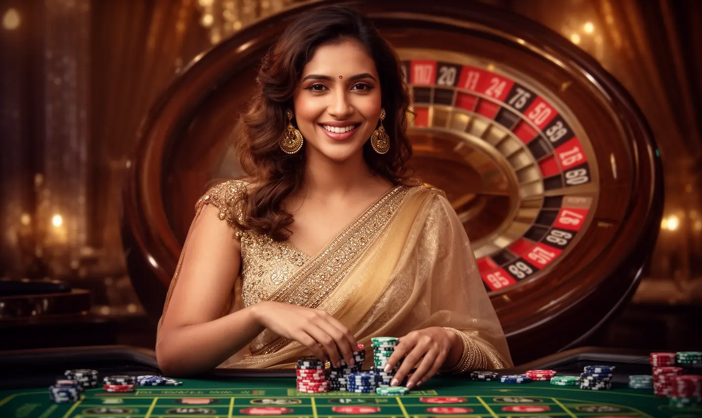 Elegant casino atmosphere with a smiling woman holding chips in front of a roulette wheel representing the luxury gaming experience at BH333 for players in Bangladesh