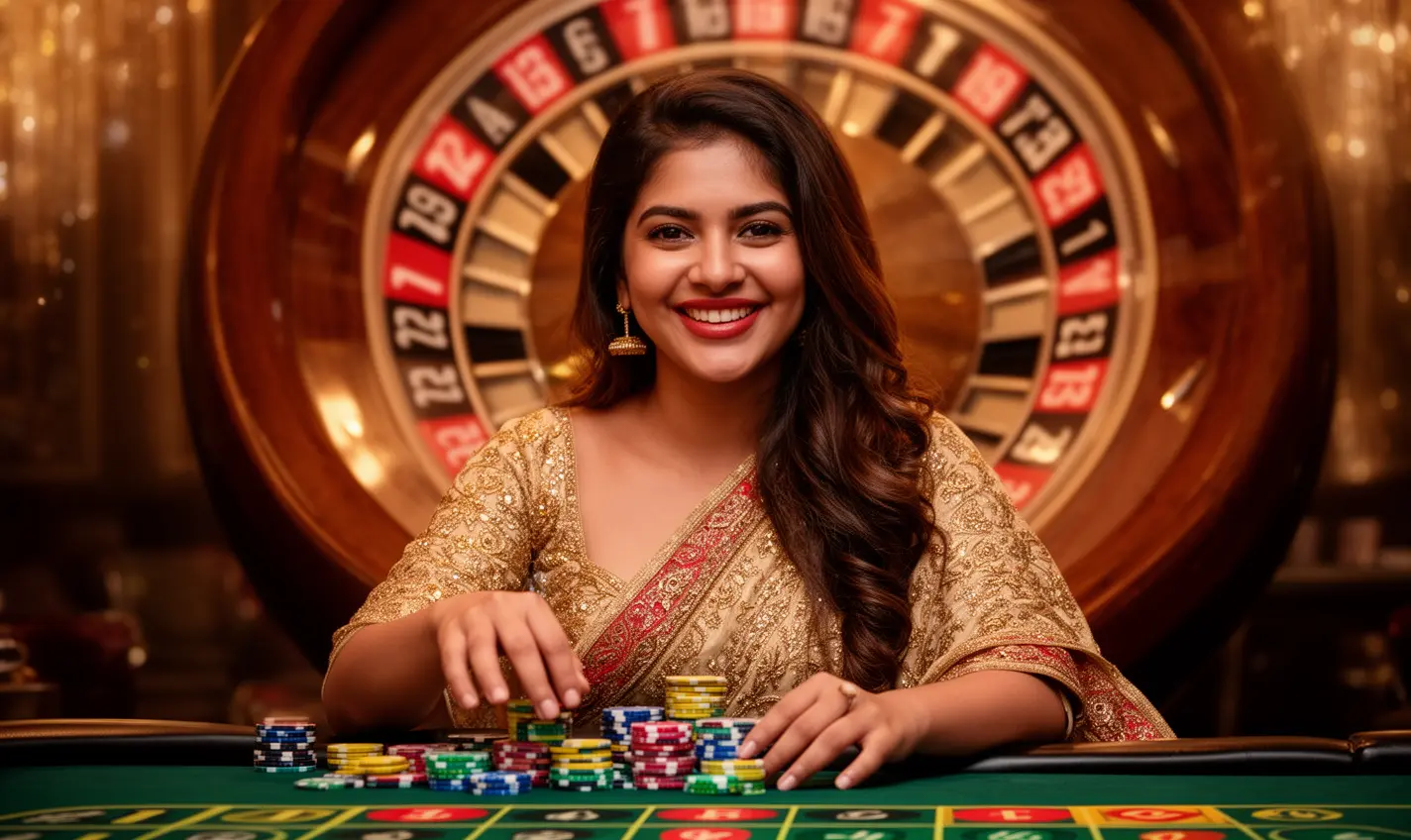 Elegant casino scene with a confident woman holding poker chips in front of a roulette wheel highlighting the immersive live casino experience at BH333 Bangladesh