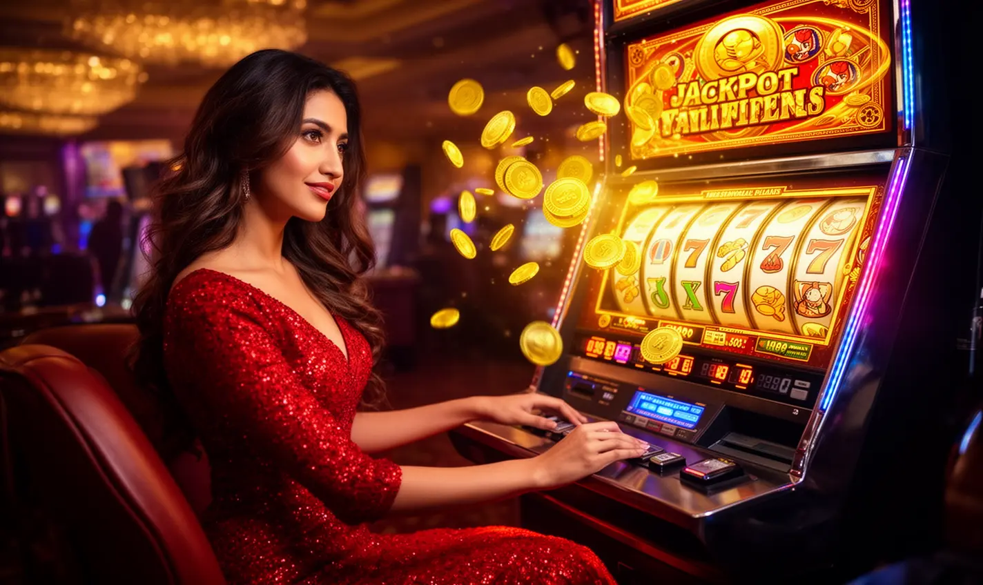Luxury casino atmosphere with a glamorous woman in a red dress playing a modern slot machine surrounded by golden coins at BH333 online casino in Bangladesh